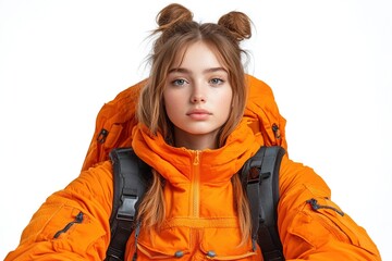 A young woman in an orange jacket and backpack, ready for an outdoor adventure.