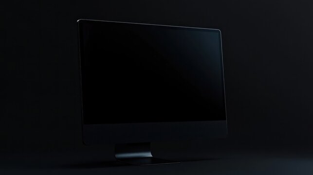 Dark room, black desktop computer, blank screen, mockup, website design