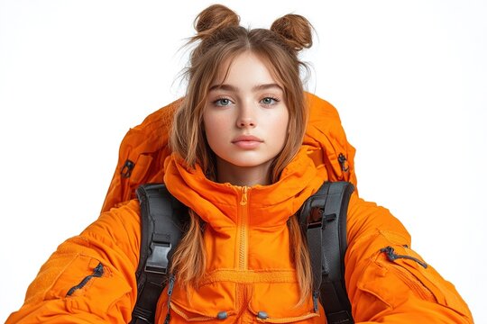 A young woman in an orange jacket and backpack, ready for an outdoor adventure.