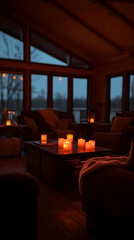 Cozy Cabin Interior Lit by Candles at Night with Blurred Exterior View