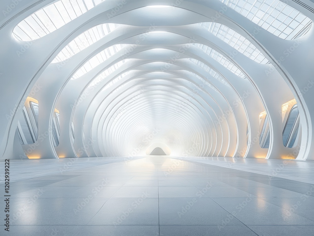 Poster futuristic architectural interior with smooth curves and elegant design featuring bright ambient lig