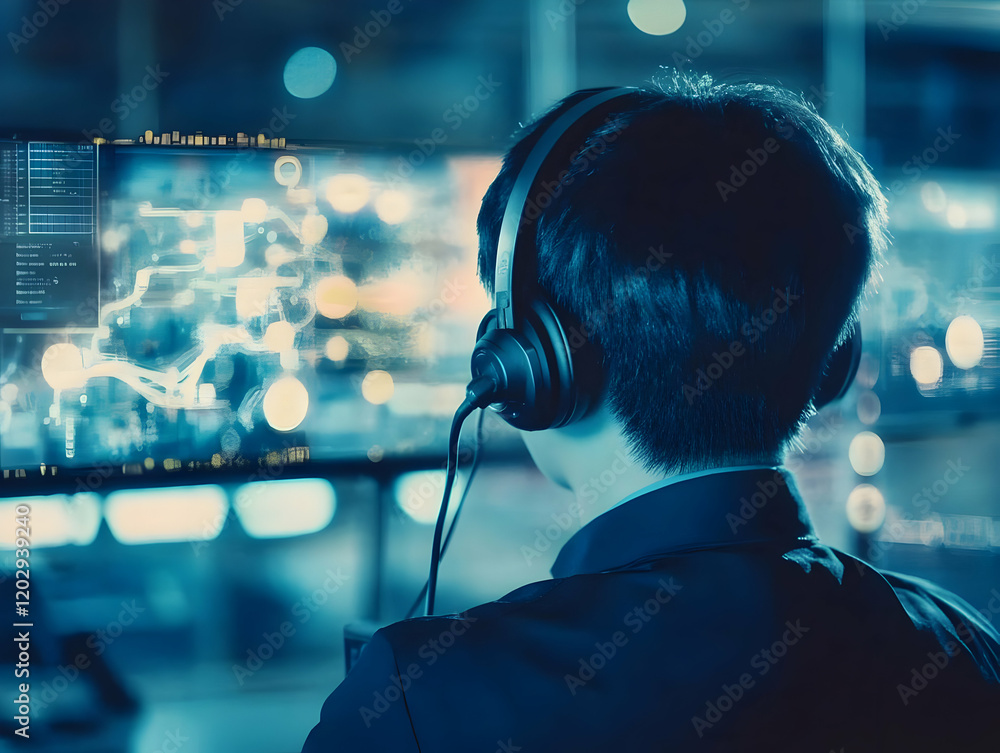 Poster technician monitors complex system data on screen with headset in control room vigorously