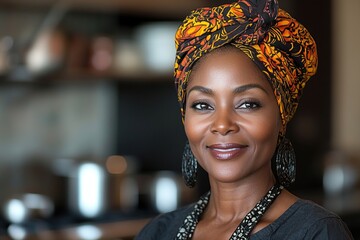 A woman with a colorful headwrap smiles warmly in a kitchen setting.