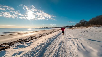 Man Jogging On A Snowy Beach In Winter