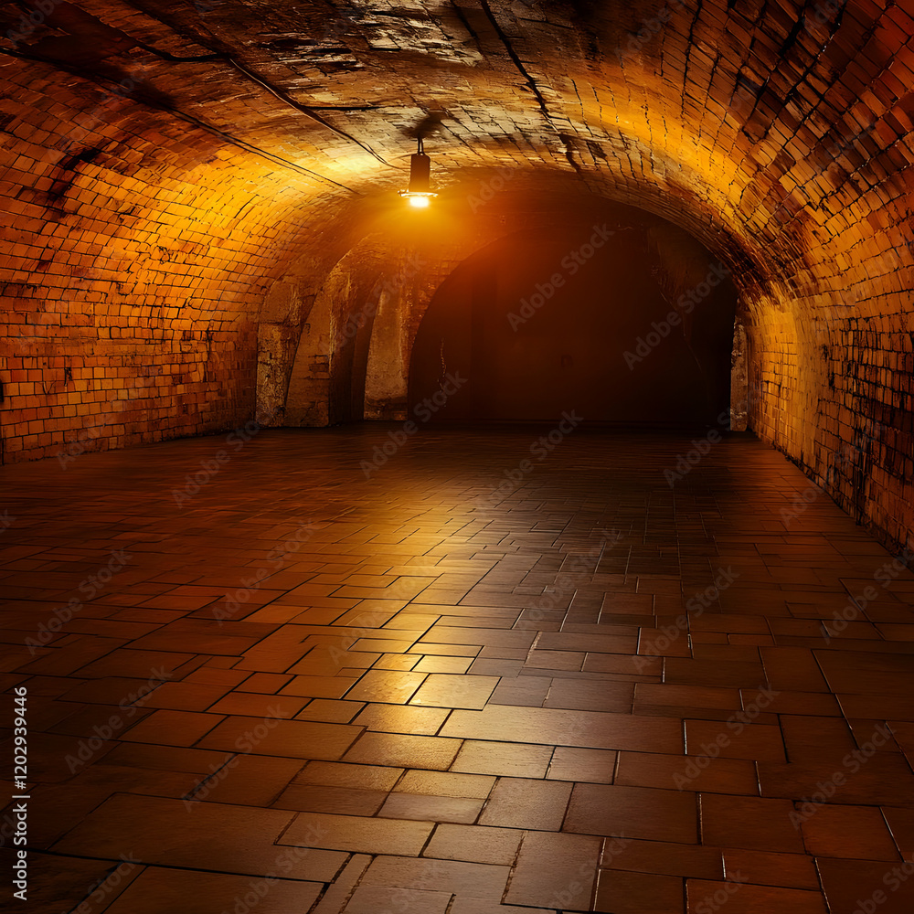 Poster empty brick tunnel illuminates by a single light with tiled floor reflecting the glow