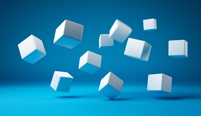 Obraz premium Abstract 3D Rendering of Floating Cubes on a Blue Background
