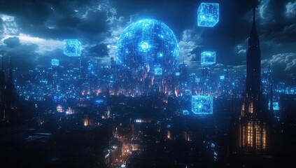 Fototapeta premium Futuristic City Landscape with Neon Lights and Digital Elements in a Dystopian Atmosphere Surrounded by Glowing Spheres and Floating Cubes at Night