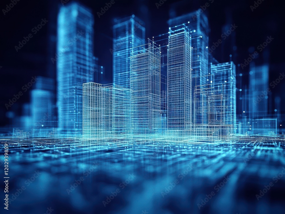 Poster futuristic cityscape with digital wireframe structures and glowing grid, representing advanced techn