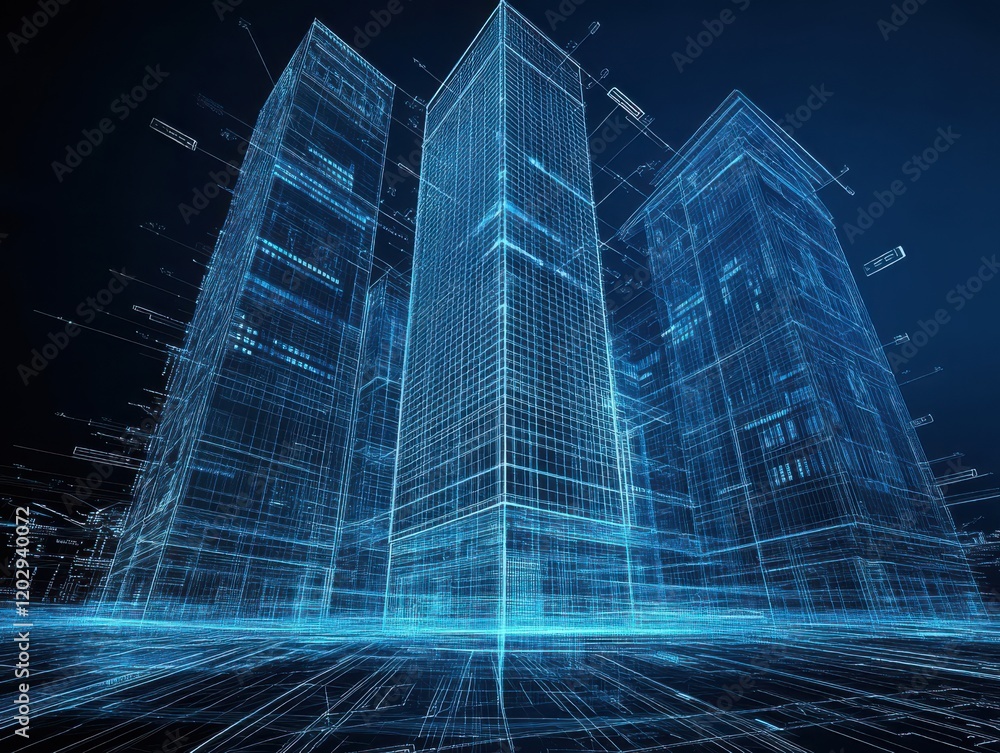 Poster futuristic cityscape with skyscrapers represented in wireframe style against a dark background highl