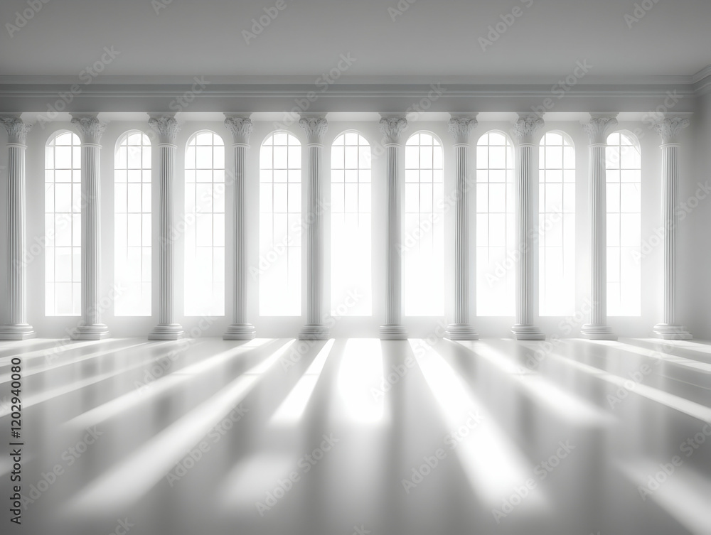 Poster white room with columns and arched windows creates elegant space perfectly.