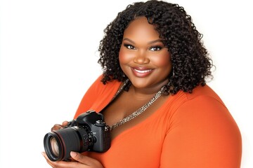 A smiling woman holds a camera, showcasing her passion for photography.