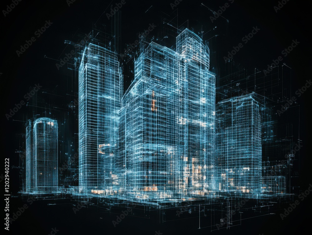Poster futuristic cityscape with wireframe skyscrapers and technological elements representing urban develo