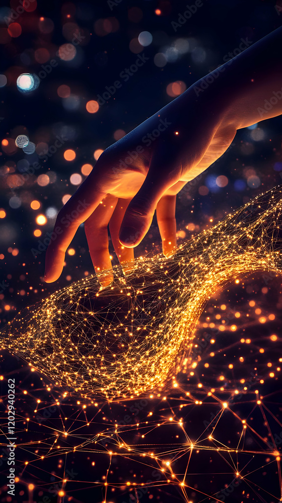 Poster hand touches glowing network of interconnected nodes with bokeh effect background.