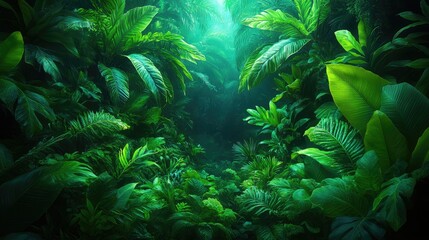 Lush green foliage creates a serene atmosphere in a dense, tropical environment.