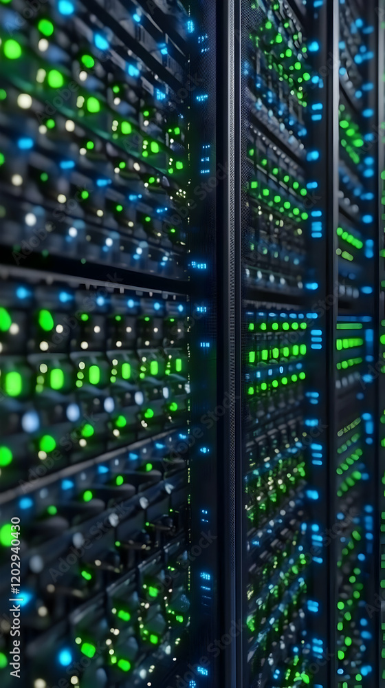 Poster server room lights flashing blinking data center with technology futuristic servers operating