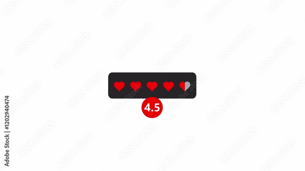 Poster five heart rating animation on white background, 4.5 heart rating from to 5, heart feedback animated