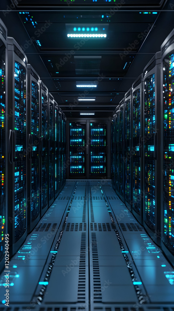 Poster futuristic server room stores data efficiently in a modern data center with bright lights.