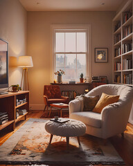 Living room interior with armchair, bookshelf and lamp. 3d render