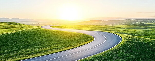 A winding road through lush green fields under a bright sun, symbolizing freedom and adventure in nature's beauty.