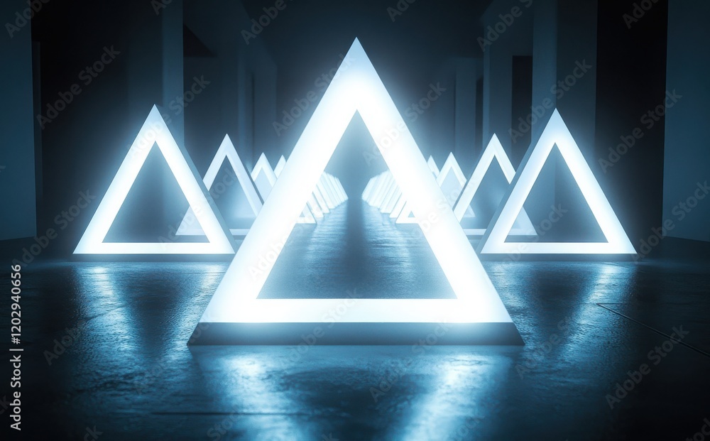 Poster Futuristic Image of Neon Triangles in Dark Space Creating a Mystical and Captivating Atmosphere for Creative and Abstract Design Projects