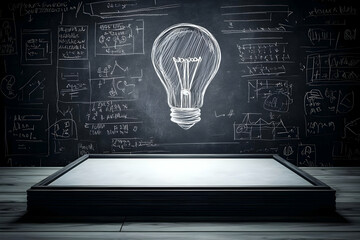 Chalkboard with Light Bulb Drawing Illuminates Empty Platform on Wooden Floor