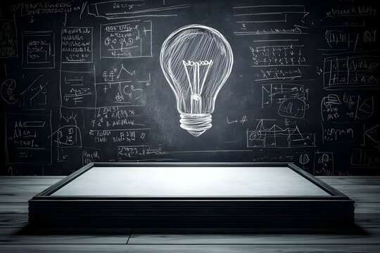 Chalkboard with Light Bulb Drawing Illuminates Empty Platform on Wooden Floor