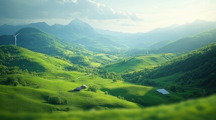 Fototapeta premium Lush green hills and valleys under a soft sky, showcasing nature's beauty and tranquility.