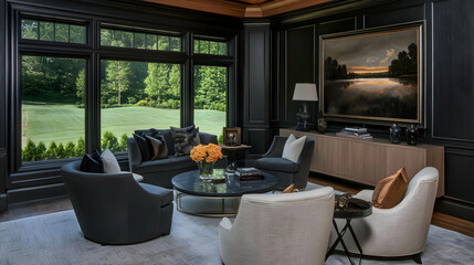 Fototapeta premium Elegant Living Room Interior Design Showcases Modern Furniture with Landscape Painting and Scenic View