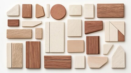 Fototapeta premium A collection of various wooden shapes and textures, showcasing a blend of natural tones and designs for creative use.