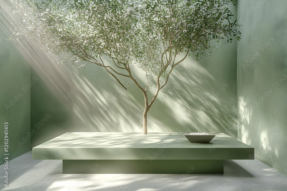 Poster 3d render of a tree on a platform with sunlight streaming through in a green room