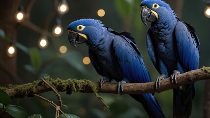 Obraz premium Two vibrant blue parrots perched on a branch surrounded by greenery and soft lights.