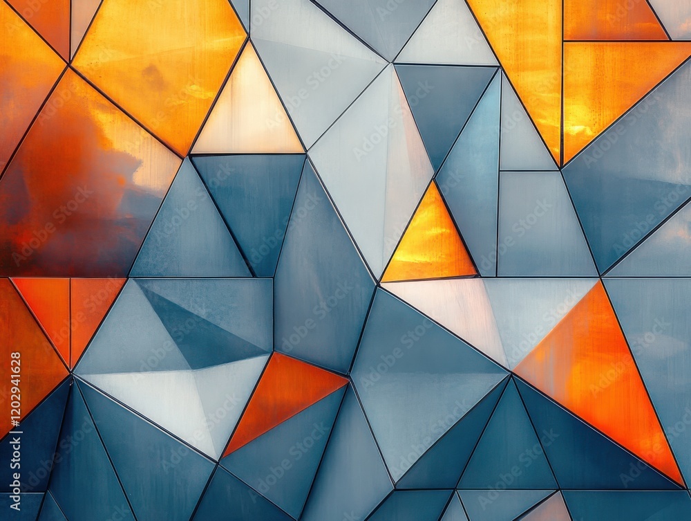 Poster Geometric Pattern of Colorful Triangles and Polygons in Warm Tones of Orange, Blue, and Gray Creating a Vibrant Abstract Background for Design Projects