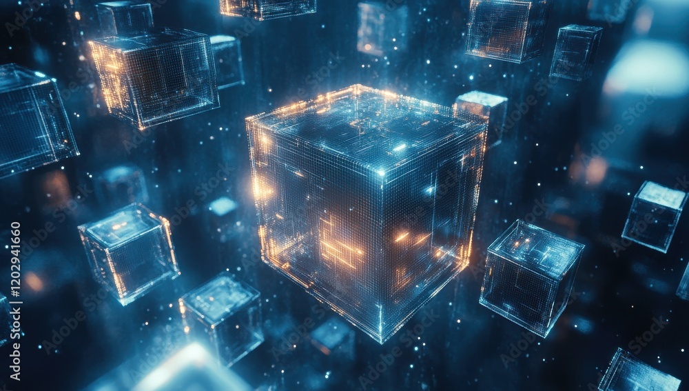 Poster glowing futuristic cubes in a digital space with vibrant light effects floating in a high-tech envir