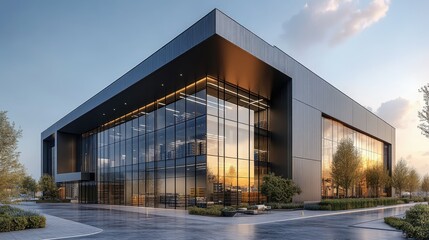 Fototapeta premium Modern glass-fronted building with sleek design and landscaped surroundings.