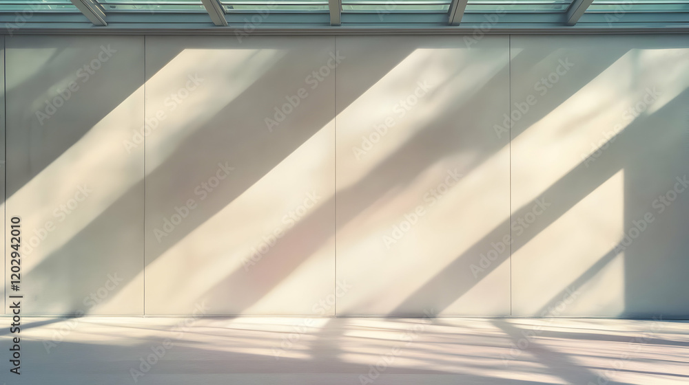 Poster sunlight streams through a skylight casting shadows on a blank wall in an empty room.