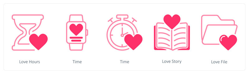 A set of 5 valentine's day icons as  love hours, time, love story