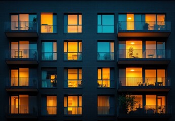 Illuminated Urban Apartment Building at Dusk Showcasing Warm Tones and Cozy Interiors with Balanced Windows and Modern Architecture