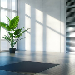 Fototapeta premium Bright Room with Yoga Mat, Plant, and Window Light Creates Serene Atmosphere for Exercise
