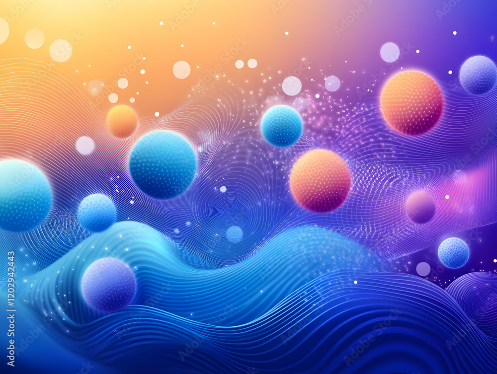 Poster abstract 3d background with colorful spheres floating above a wavy landscape,