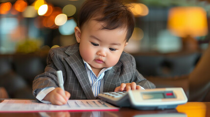 Young child in suit working with a calculator and documents in an office setting