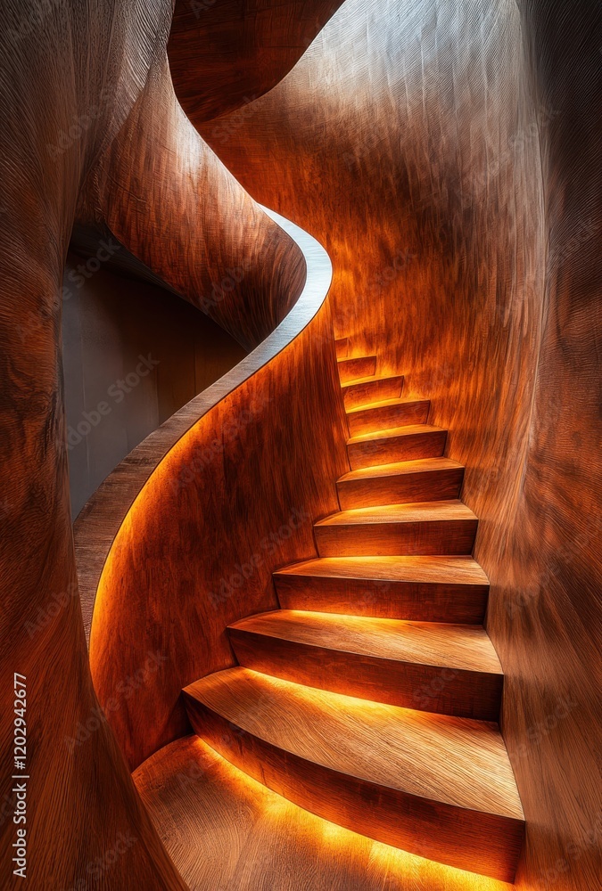 Poster Intricate Curved Wooden Staircase with Warm Lighting Creating a Harmonious Blend of Nature and Modern Design in an Abstract Architectural Setting