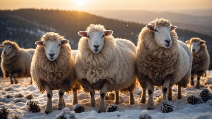 Fototapeta premium A group of sheep standing in a snowy landscape at sunset.