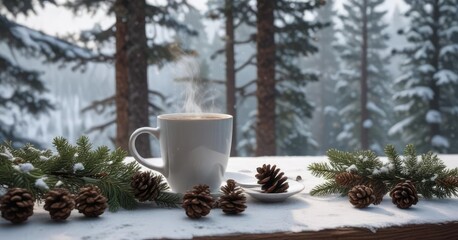 Beautifully arranged fir branches, cones, and a steaming cup of coffee in a serene winter landscape, snowy, holiday