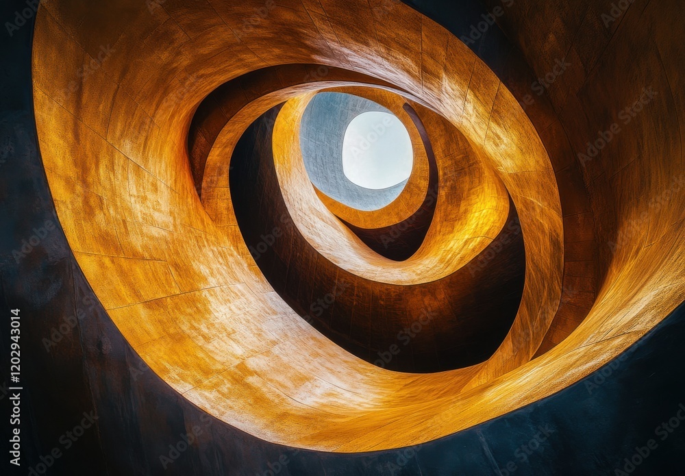 Poster intricate spiral architecture featuring warm tones and fluid lines, evoking a sense of movement and 