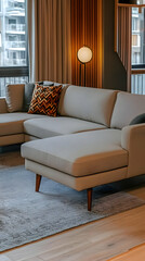 Modern Living Room Showcases Stylish Sofa with Colorful Pillows and Warm Lighting in a Cozy Setting.