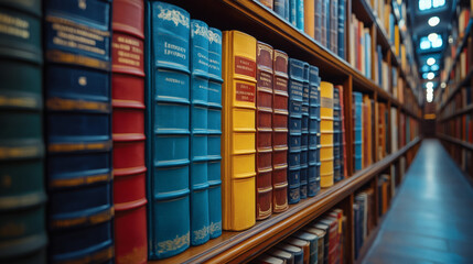 Fototapeta premium Abstract blurred public library interior space. blurry room with bookshelves by defocused effect
