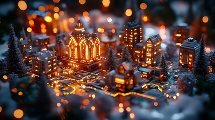 Obraz premium Snowy town, glowing lights, winter scene, festive postcard