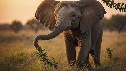An elephant gently holds a branch adorned with leaves in a serene, golden-lit landscape.