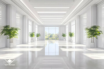 Bright White Hallway with Potted Plants and Large Windows Overlooking Green Scenery