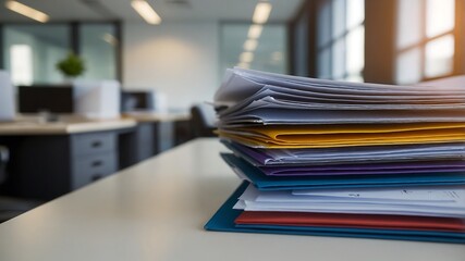Office Papers Documents on messy desk with folders and sunlight background